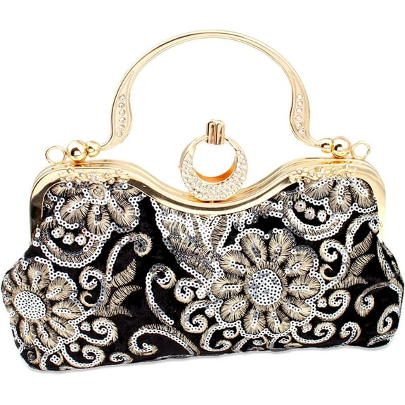 Evening Bag Beaded Clutch Handbag for Women, Floral Embroidery Rhinestone Vintage Bags for Wedding Prom Bridal Party
