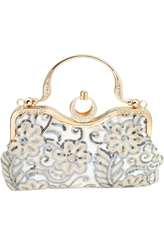 Evening Bag Beaded Clutch Handbag for Women, Floral Embroidery Rhinestone Vintage Bags for Wedding Prom Bridal Party