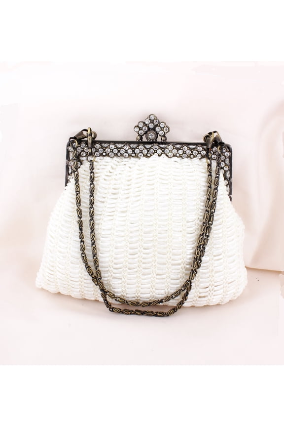 Evening Bag - Beaded w/ Rhinestoned Frame-Magnetic Closure - White - BG-38694WT