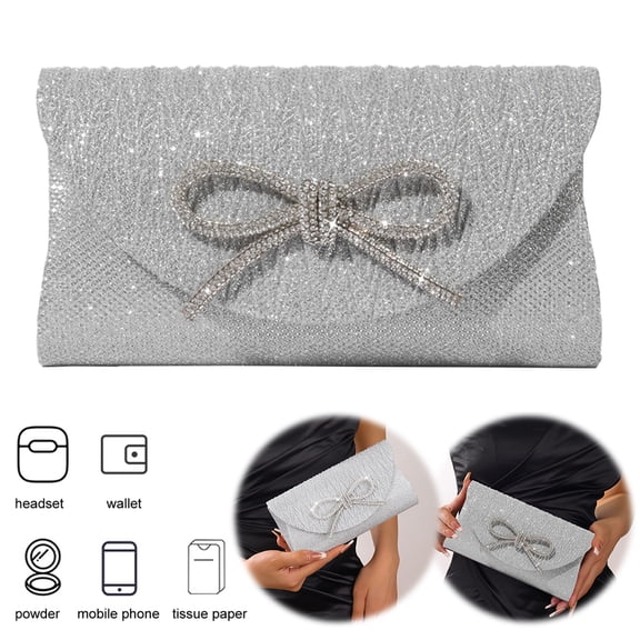 Evening Bag For Women Bow Clutch Purse Satin Rhinestone Party Prom Purse(silver)