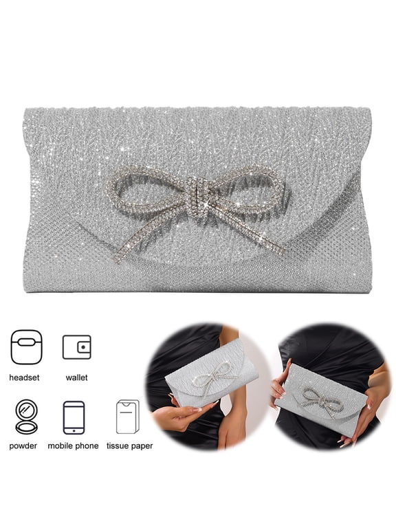 Evening Bag For Women Bow Clutch Purse Satin Rhinestone Party Prom Purse(silver)