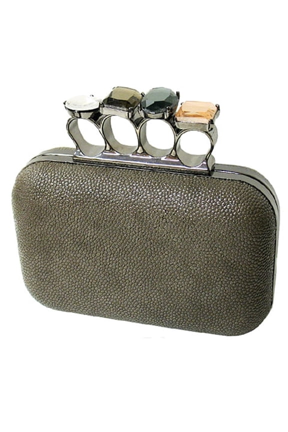 Evening Bag - Jeweled Stones Knuckle Small Clutch Bags - Pewter - BG-EHP7103PT