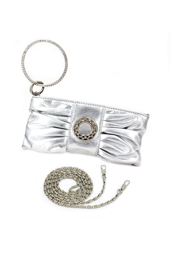 Evening Bag - Pleated PU Leather w/ Rhinestone Loop Wristlet - Silver - BG-7070M-SV
