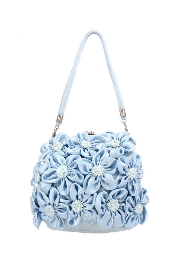 Evening Bag - Rosettes Satin 3D-Dimensions Flower evening bag - Light Blue - BG-02027LBL