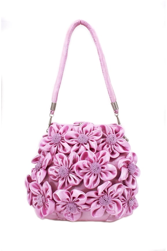 Evening Bag - Rosettes Satin 3D-Dimensions Flower evening bag- Lilac - BG-02027LI