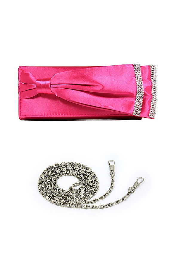Evening Bag - Satin Double Layer Bow w/ Rhinestones Trim - Fuchsia - BG-92206FU