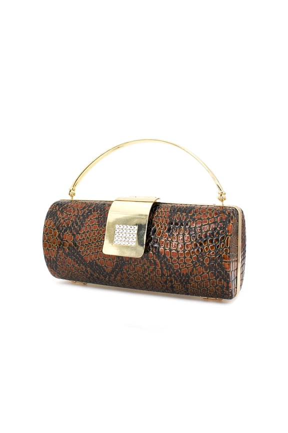 Evening Bag - Snake Skin Embossed Clutch w/Crystal Stones Accent Metal Flap Closure - Brown - BG-HPR377BR