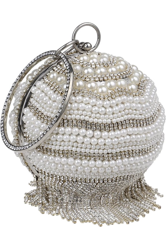 Evening Bag for Womens Artificial Pearl Glitter Rhinestones Tassel Round Ball Clutch Purse Handbag