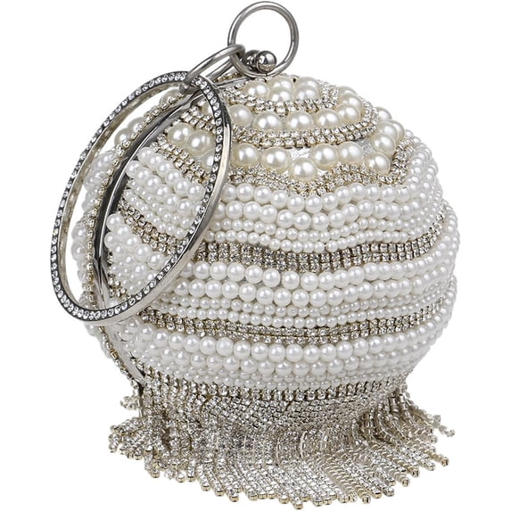 Evening Bag for Womens Artificial Pearl Glitter Rhinestones Tassel Round Ball Clutch Purse Handbag