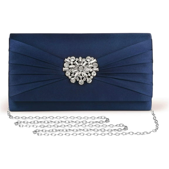 Evening Bags For Women Pleated Satin Rhinestone Brooch Prom Clutch Purse With Detachable Chain Strap