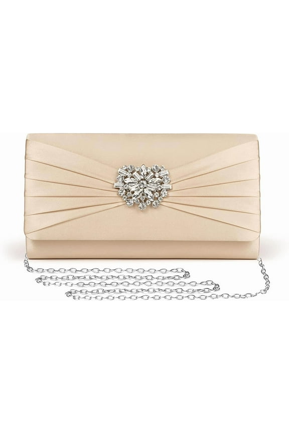 Evening Bags For Women Pleated Satin Rhinestone Brooch Prom Clutch Purse With Detachable Chain Strap