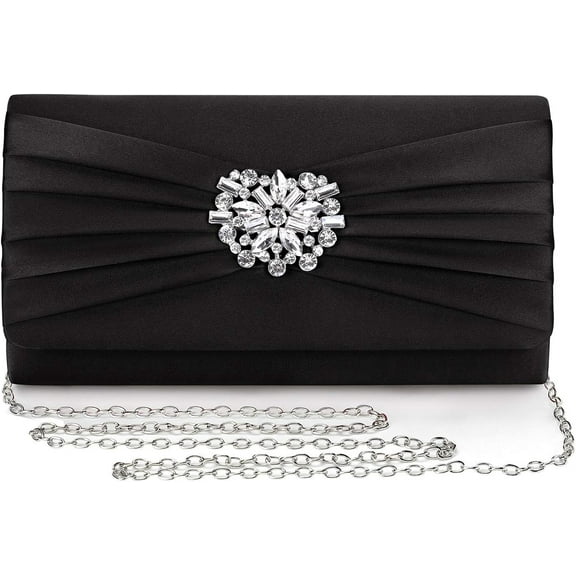 Evening Bags For Women Pleated Satin Rhinestone Brooch Prom Clutch Purse With Detachable Chain Strap