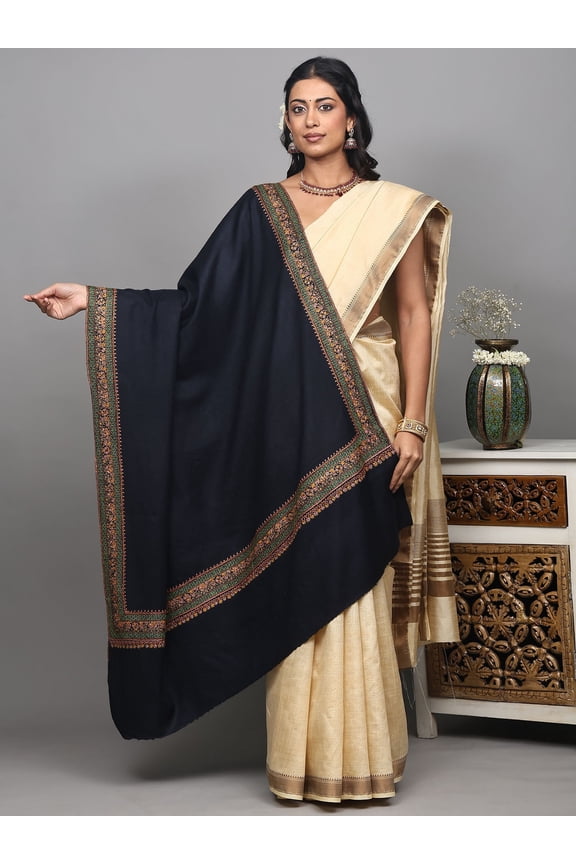 Evening-Blue Pure Wool Plain Shawl from Kashmir with Sozni Embroidered Border by Hand
