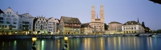 Evening Cityscape Zurich Switzerland Canvas Art - Panoramic Images (36 x 12)