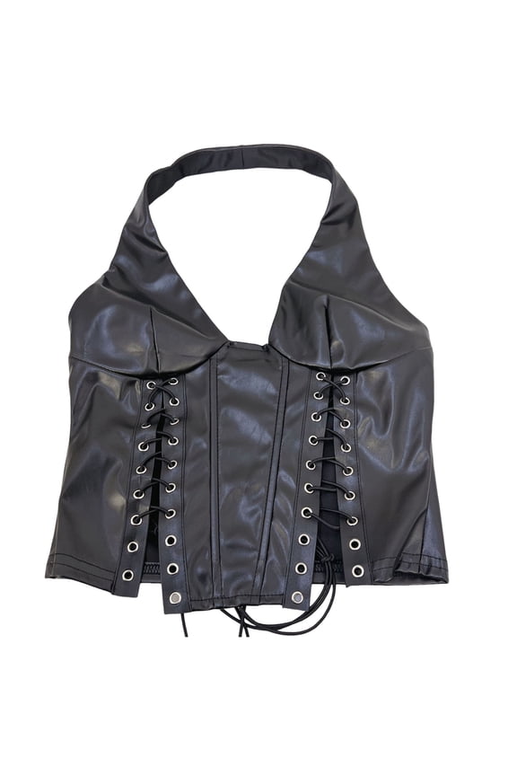 Evening Club Bustier Top – Women's Fashion Corset Style Cami, Solid Color Bust Support Sleeveless Sexy Bodycon Blouse with Halter Neck & Lace Up Back, Going Out Wear