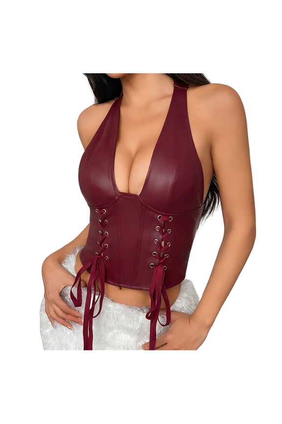 Evening Club Bustier Top – Women's Fashion Corset Style Cami, Solid Color Bust Support Sleeveless Sexy Bodycon Blouse with Halter Neck & Lace Up Back, Going Out Wear