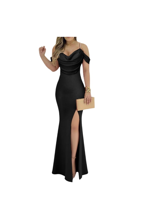 Evening Cocktail Dress, Strappy Slit Midi Dress for a Confident Look, Perfect for Birthday Parties, Dates and Special Occasion Photoshoots Black 2XL
