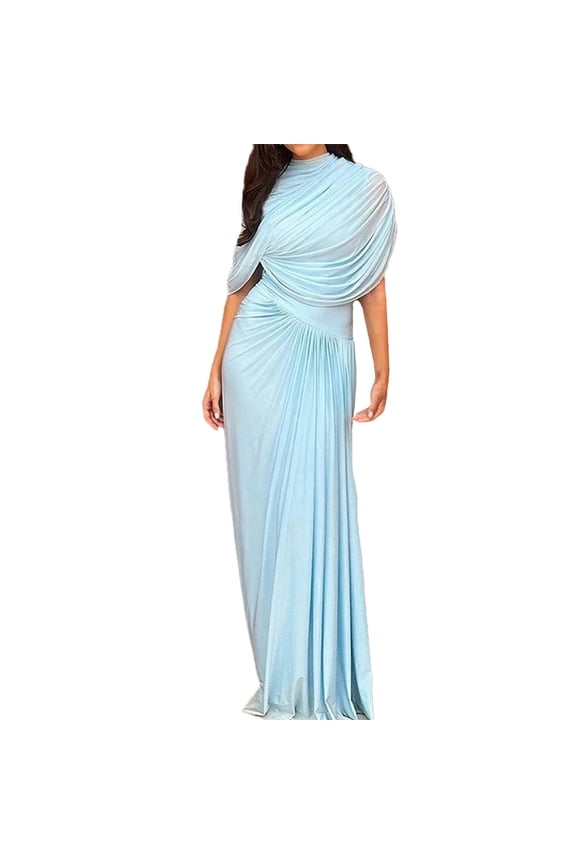 Evening Dress for Women Elegant Ruched Pleated Wrap Maxi Gown Party Wedding Guest Mock Neck Formal Long Dress (M, Light Blue)