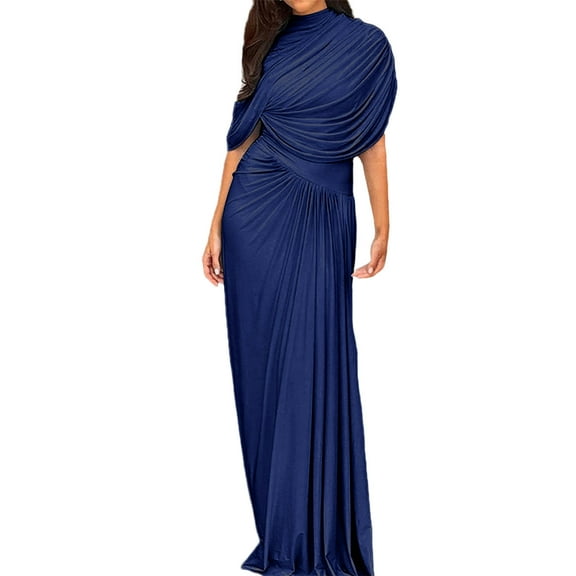Evening Dress for Women Elegant Ruched Pleated Wrap Maxi Gown Party Wedding Guest Mock Neck Formal Long Dress (S, Dark Blue)