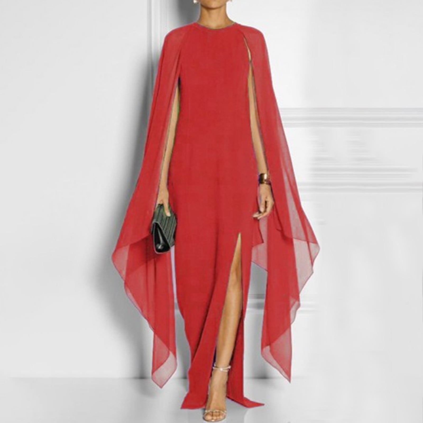 Evening Dress for Women Formal Maxi Cape Split Long Dress Plus Size Floor Length Party Maxi Gowns Elegant Classy (3X-Large, Red)