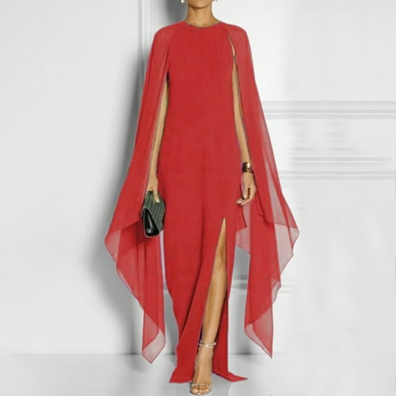 Evening Dress for Women Formal Maxi Cape Split Long Dress Plus Size Floor Length Party Maxi Gowns Elegant Classy (Small, Red)