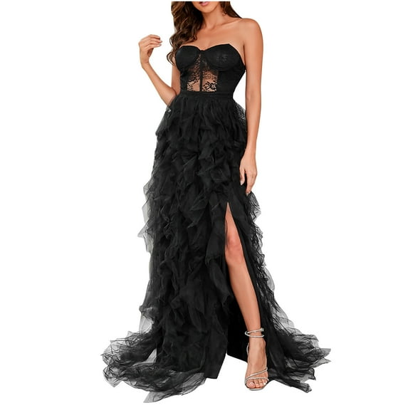 Evening Dresses For Women Elegant Cocktail Formal Fashion Women Sexy Sleeveless Strapless Backless Lace Evening Long Dress Black XL