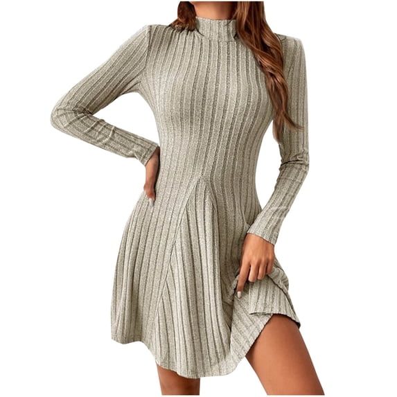 Evening Dresses Womens Ribbed Knit Sweater Dress Casual Long Sleeve Mock Neck Slim Fitting Mini Dress Trendy Flared A Line Dresses Maxi Dresses for Women S-100 Khaki M