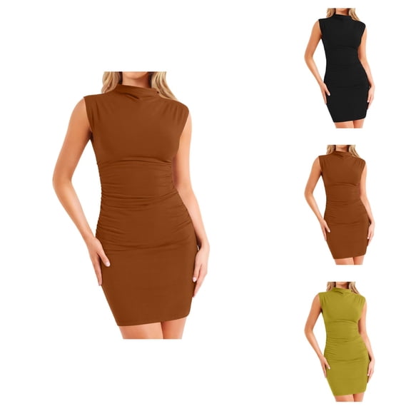 Evening Dresses for Women Midi Dresses for Women 2026 Women Summer Mini Dress Bodycon Ruched Neck Sleeveless Work formal Party Wedding Guest Dress
