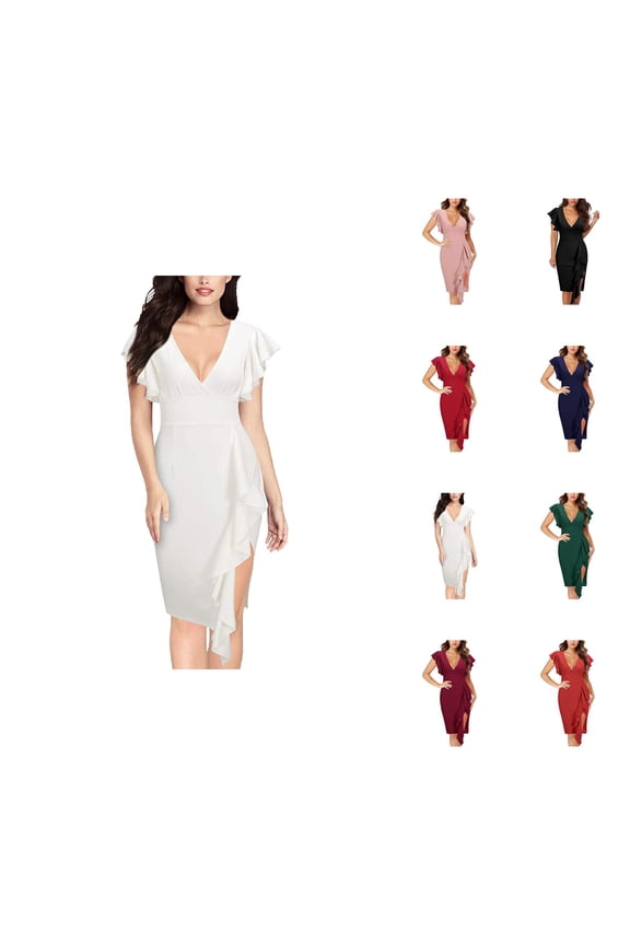 Evening Dresses for Women Wedding Guest Dresses Women's Sexy Deep V Neck Slit Flared Skirt Dress