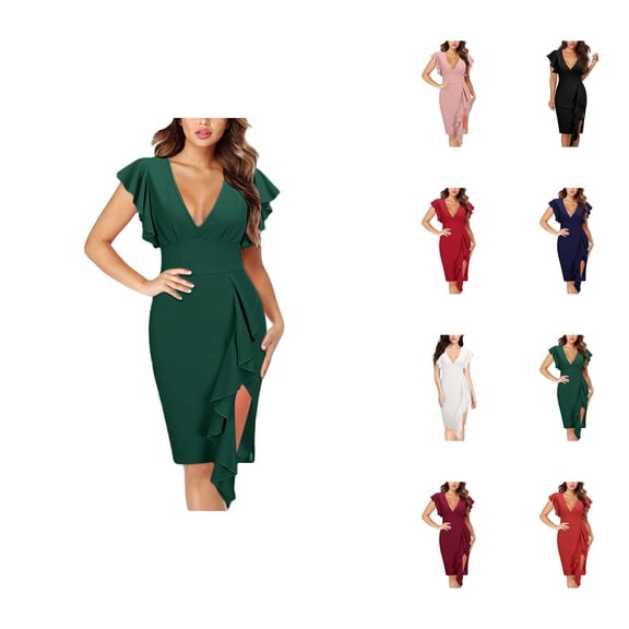 Evening Dresses for Women Wedding Guest Dresses Women's Sexy Deep V Neck Slit Flared Skirt Dress