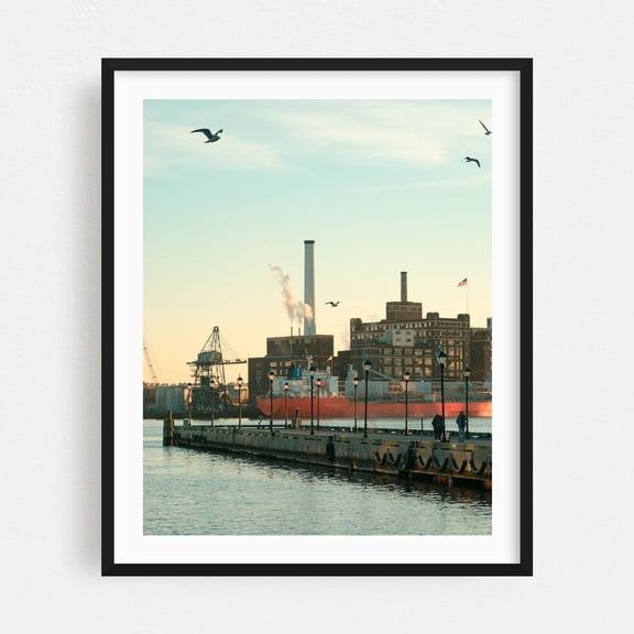 Evening in Fells Point, Baltimore - Baltimore Maryland Photography Harbor Cityscape Boat Seaside Industrial Bird Nautical Black Framed Wall Art Print 6 x 8 inches