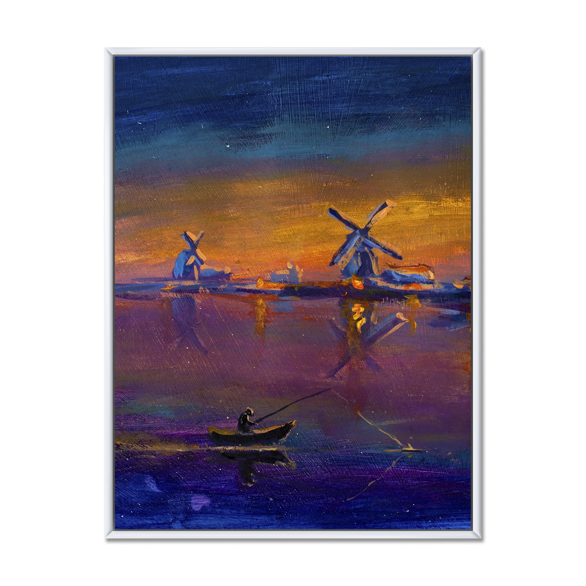 Evening Fishing Near The Traditional Windmill 30 in x 40 in Framed Painting Canvas Art Print, by Designart