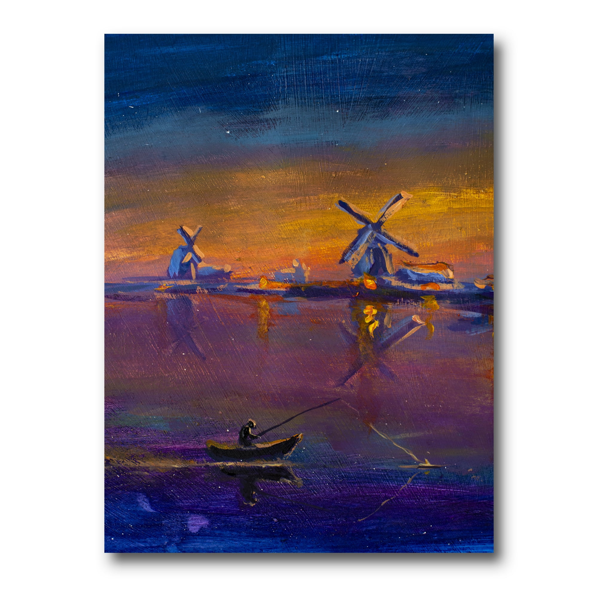 Evening Fishing Near The Traditional Windmill 8 in x 12 in Painting Canvas Art Print, by Designart