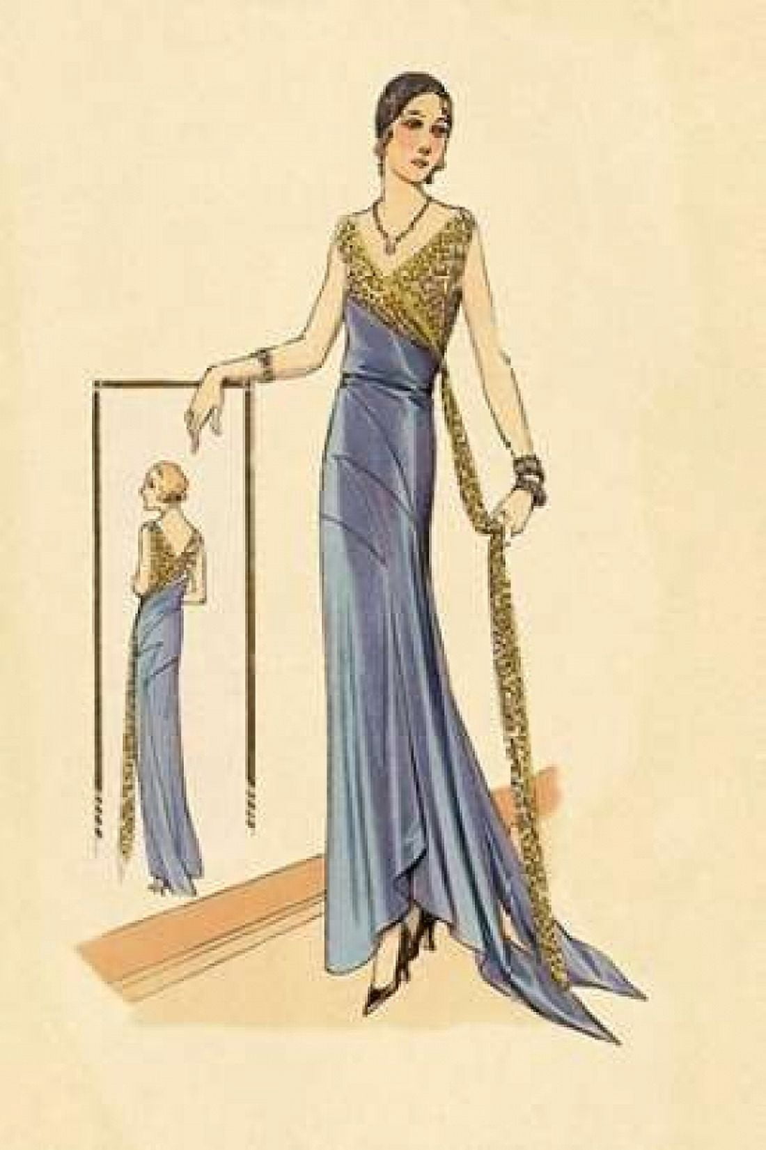 Evening Gown in Blue and Gold Canvas Art - Vintage Fashion (24 x 36)