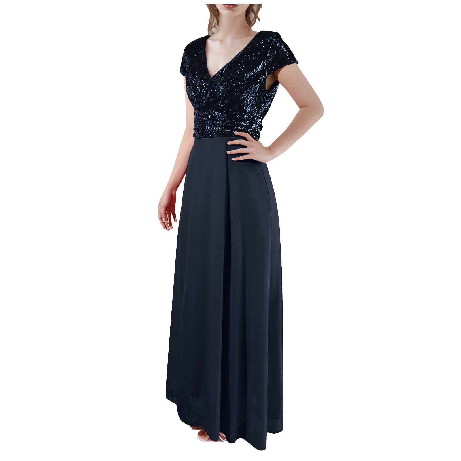 long flowy dress Women's Summer Elegant Floral Print Deep V Neck Sleeve A Millie Bobby Brown's New Colour:Blue Leaf USNEW_11_18_25