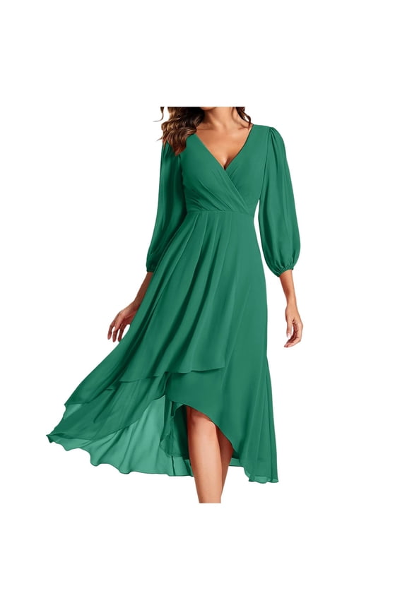 Evening Gowns for Women Formal Wedding Guest Women Chiffon Spring V-Neck Long Sleeves Pleated A-Line Midi Length Wedding Guest Dress Elegant Gown