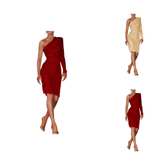 Evening Gowns for Women formal Holiday Dress Women Fashion Long Sexy Dress Shoulder One Sequin Ruched Shoulder FCold Sequin Skinny Solid Dress