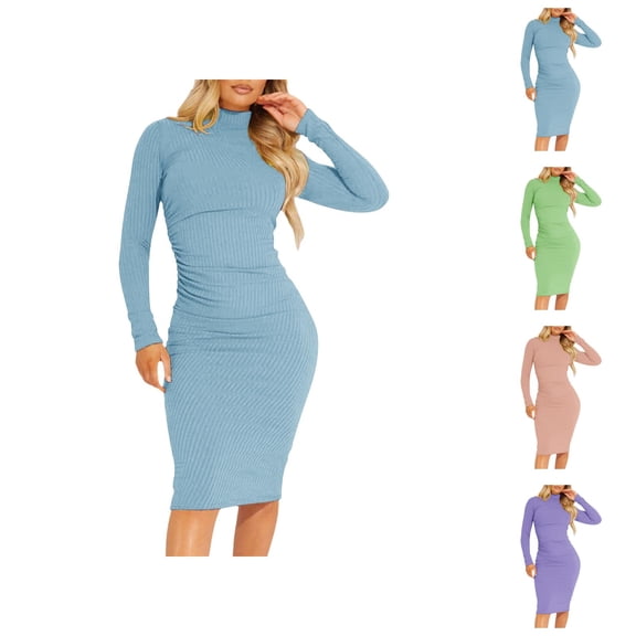 Evening Gowns for Women formal Holiday Dress Women's Ribbed Basic Casual Midi Dress Long Sleeve Bodycon Ruched Club Dresses