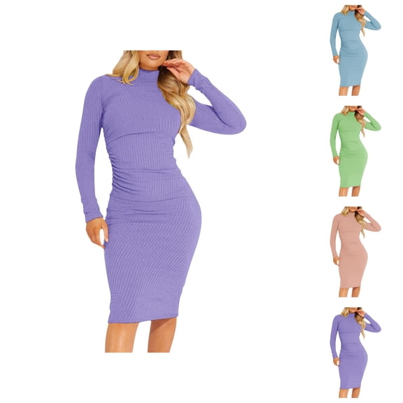 Evening Gowns for Women formal Holiday Dress Women's Ribbed Basic Casual Midi Dress Long Sleeve Bodycon Ruched Club Dresses