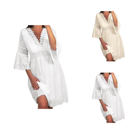 Evening Gowns for Women formal Wedding Guest Dresses for Women Solid Color 3/4 Sleeve Dress V Neck Hollow Lace Flare Sleeve Dress