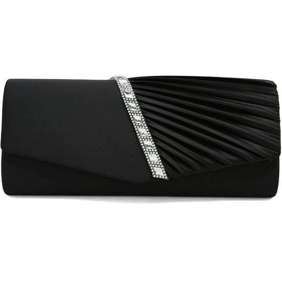 Evening Handbag Crystal Embellished and Pleated Satin Clutch