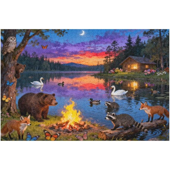 Evening Lakeside Animals 1000 Pieces Puzzle, Bear Raccoon Fox in Forest Scene, Relaxing Nature Art for Adults, Calming Challenge Game, 30x20 in