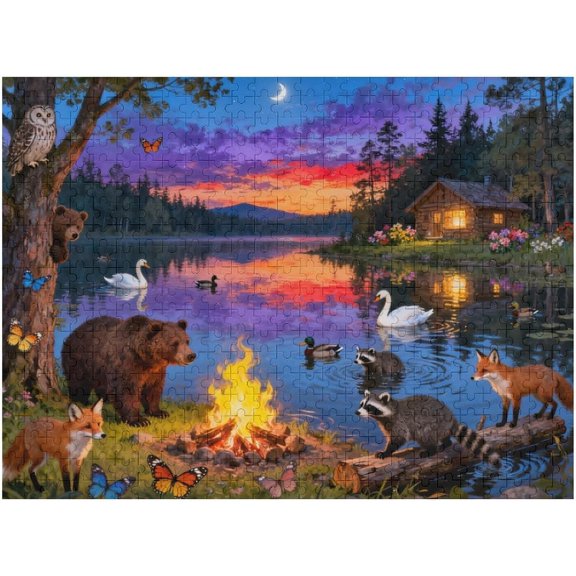 Evening Lakeside Animals 500 Pieces Puzzle, Bear Raccoon Fox in Forest Scene, Relaxing Nature Art for Adults, Calming Challenge Game, 20.5x15 in