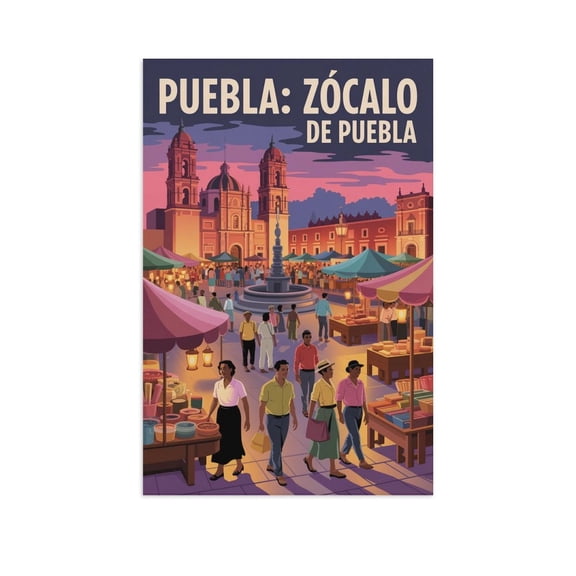 Evening Market Wall Art Zocalo De Puebla Mexico Retro Travel Poster Historic Plaza Colonial Buildings Canvas Poster