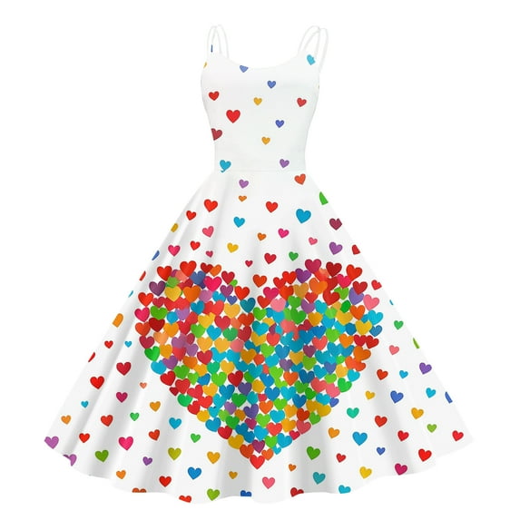 Evening Prom Party Dress For Valentine's Day Love Heart Print Fashion Swing A Line Sleeveless Dress Multicolor S