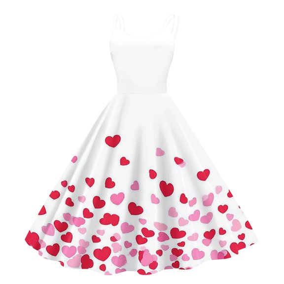 Evening Prom Party Dress For Valentine's Day Love Heart Print Fashion Swing A Line Sleeveless Dress White L