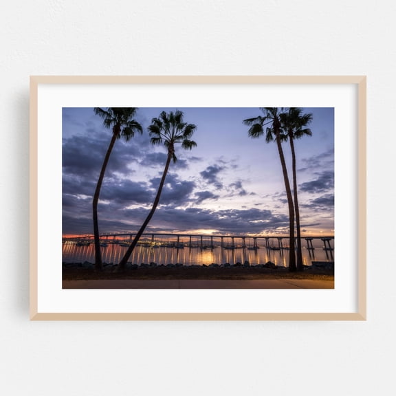 Evening Reflections - Coronado California Photography Sunset Palm Tree Harbor Bridge Tropical Night Sky Landscape Oak Framed Wall Art Print 5 x 7 inches