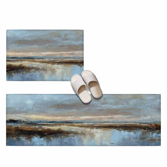 Evening Sky 2 Pieces Non-Slip Kitchen Mat Set, Rustic Minimalist Oil Painted Coastal Horizon Soft Door Mat with Rubber Backing, Dirtproof Rugs for Entrance Doorway, 23.6x35.4in+23.6x70.9in
