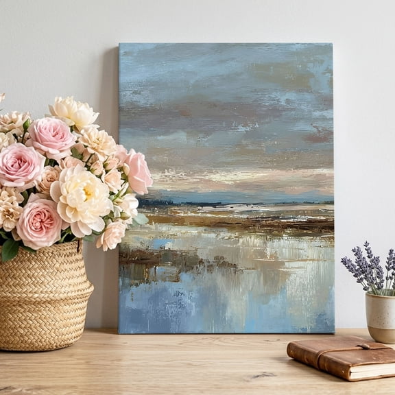 Evening Sky Canvas Wall Art, Rustic Minimalist Oil Painted Coastal Horizon Framed Canvas Wall Decor Picture Print Artwork Decorations for Living Room Office Ready to Hang 10" x 8"