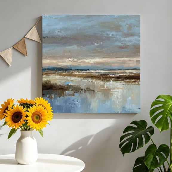 Evening Sky Canvas Wall Art, Rustic Minimalist Oil Painted Coastal Horizon Pictures Wall Decor Wooden Framed Artwork Art Prints for Living Room Hallway Bedroom Office 8"x8"